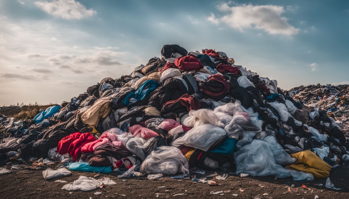 A photo of discarded synthetic clothing in a landfill, highlighting the environmental impact of non-biodegradable materials.