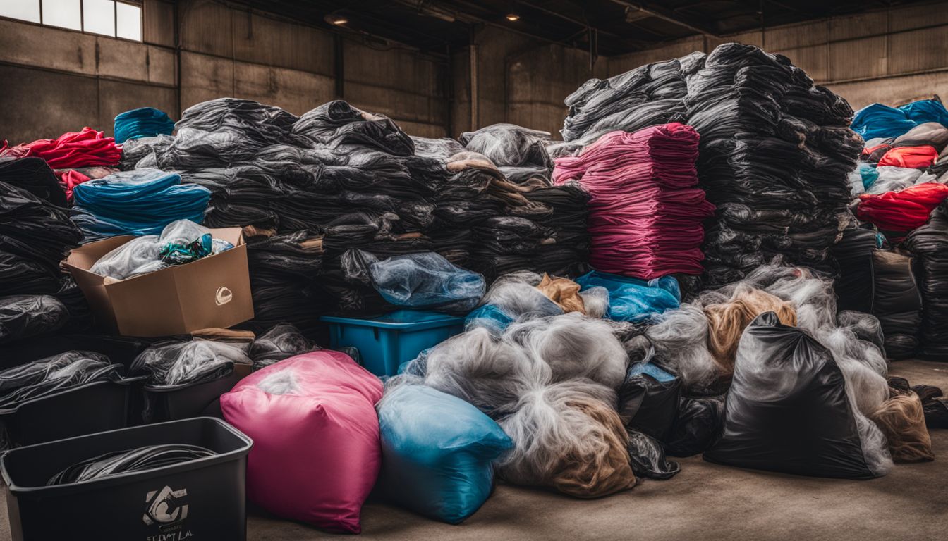 A pile of discarded elastane and spandex products surrounded by recycling bins, with diverse people and busy atmosphere.