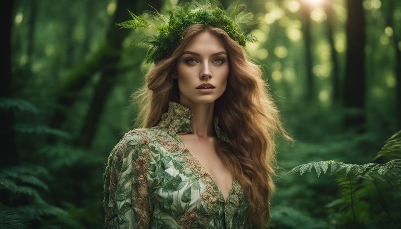 A Caucasian model wearing a recycled fabric outfit is shown in a lush forest, with a focus on their detailed face and different hairstyles.