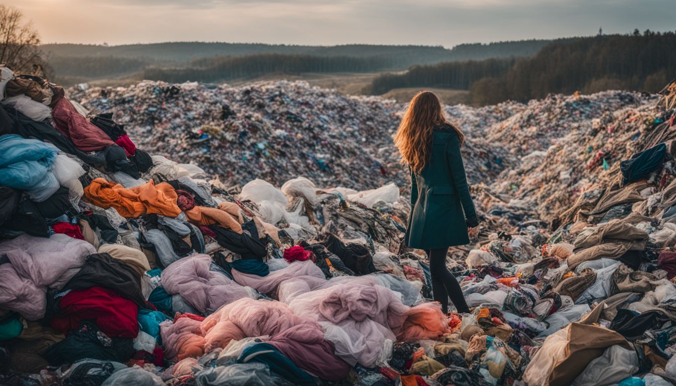 A landfill overflowing with discarded synthetic clothing highlights the environmental impact of synthetic material waste.