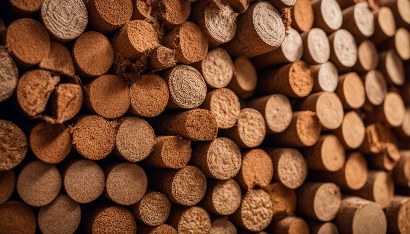 A close-up photo of cork fabric surrounded by natural elements, showcasing different faces, hair styles, and outfits.
