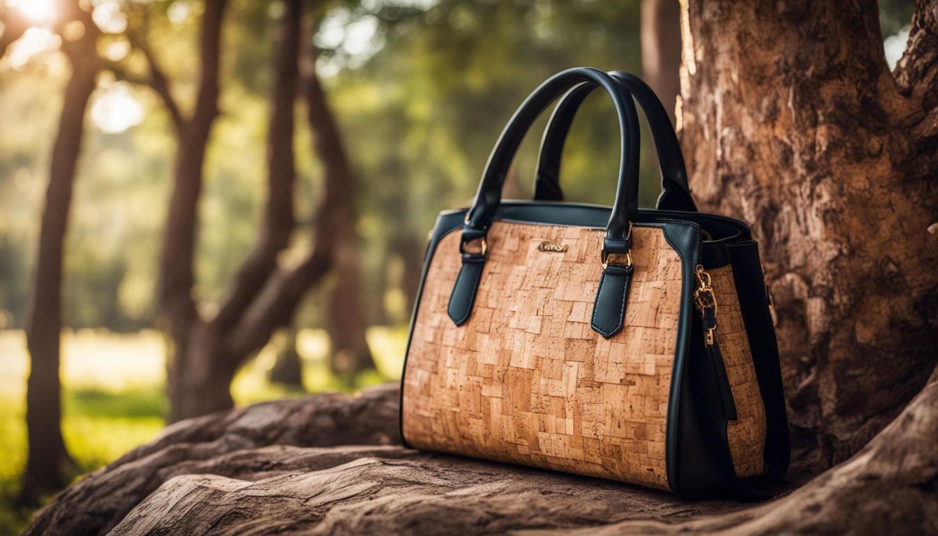 A close-up photo of a fashionable handbag made from cork fabric surrounded by cork oak trees.