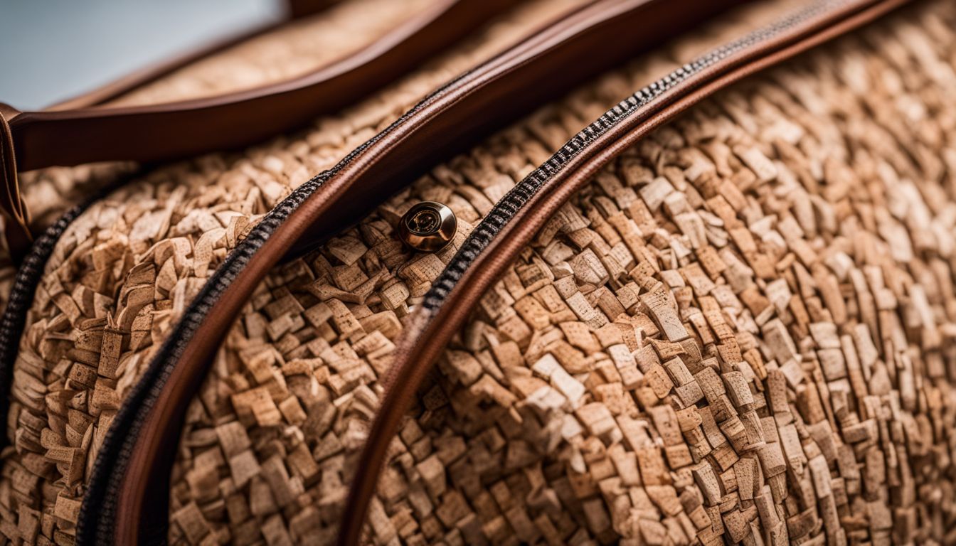 A photo of a cork fabric handbag with unique textures and patterns, surrounded by diverse individuals in various outfits and hairstyles.