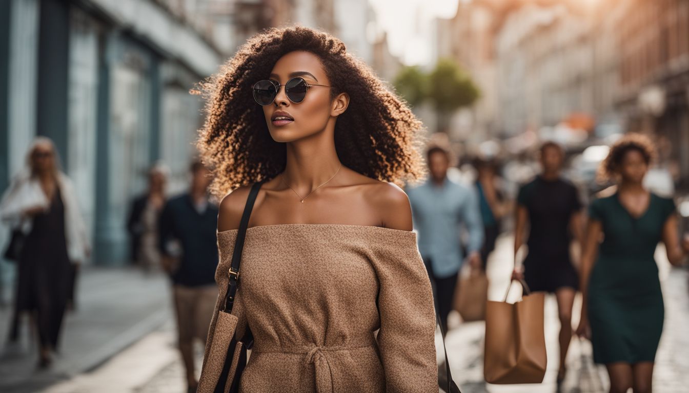 A woman walks in a city with a stylish cork fabric tote bag while the bustling atmosphere surrounds her.