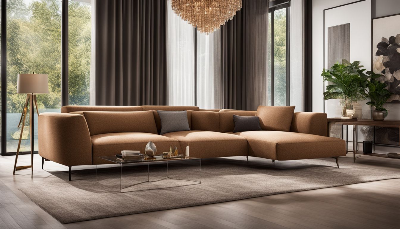 A photo of cork fabric on a sofa in a modern living room with different faces, hair styles, and outfits.