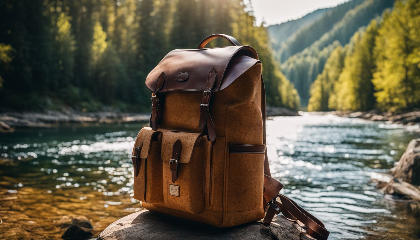 A photo of a cork backpack surrounded by nature, featuring different people with various hairstyles and outfits.