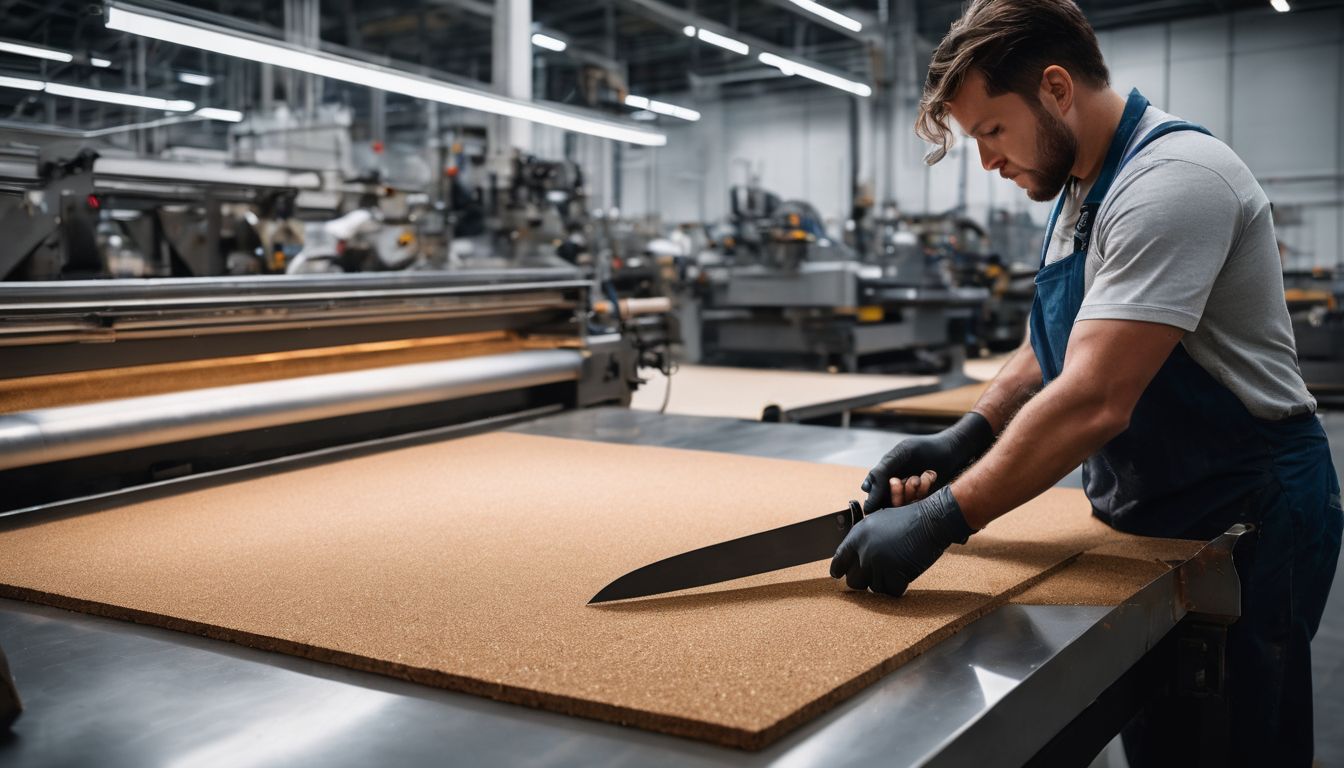 A worker cutting cork sheets in a manufacturing facility, with a variety of people and a busy atmosphere.