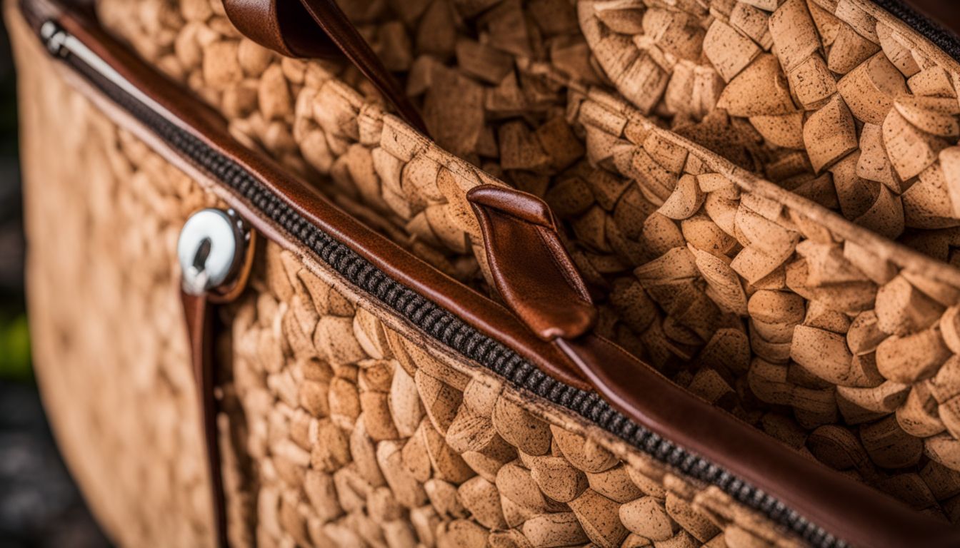 A close-up photo of a cork handbag in a natural setting, showcasing different faces, hairstyles, and outfits.