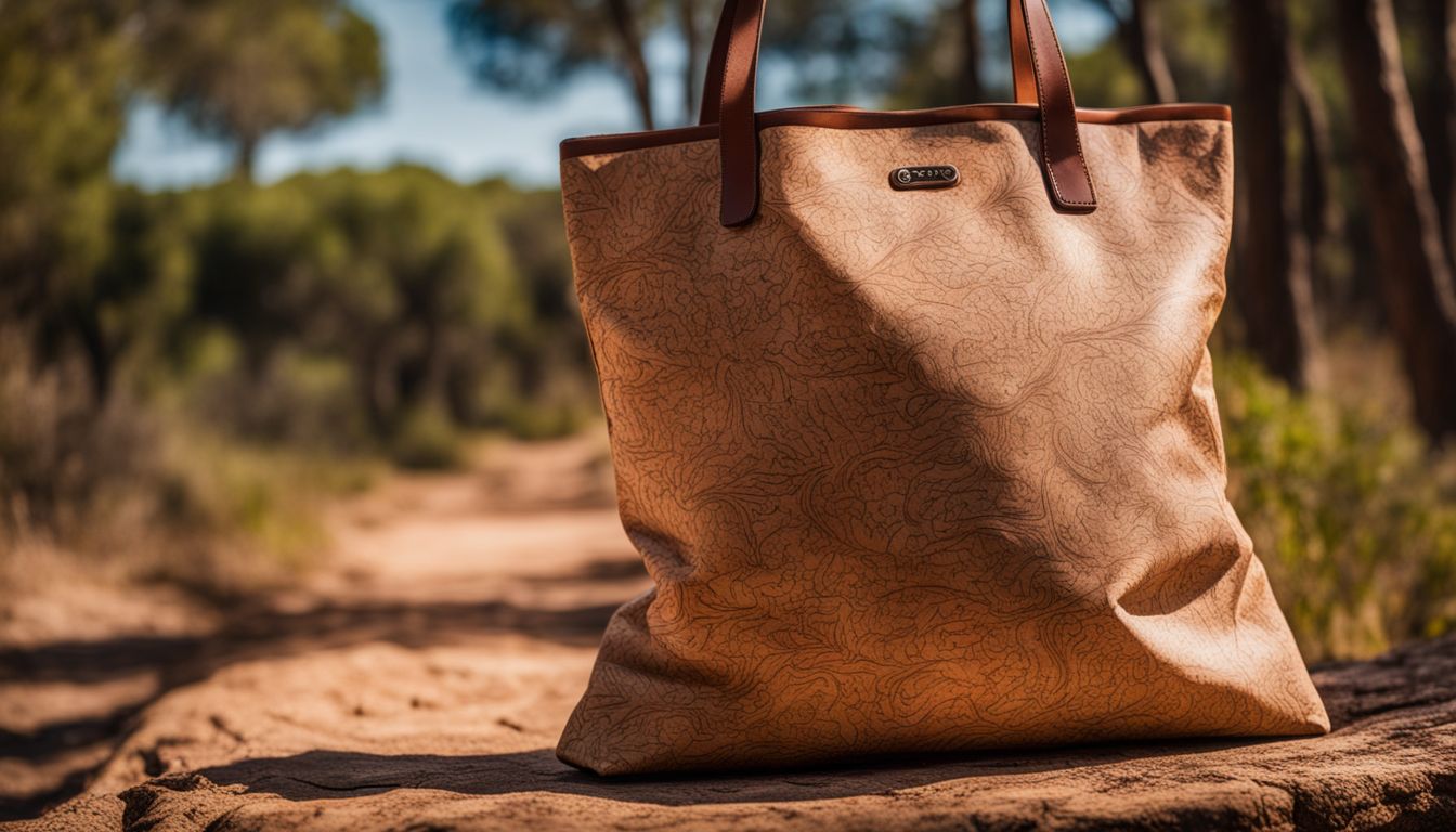 A close-up photo of a cork fabric bag with cork oak trees in the background.