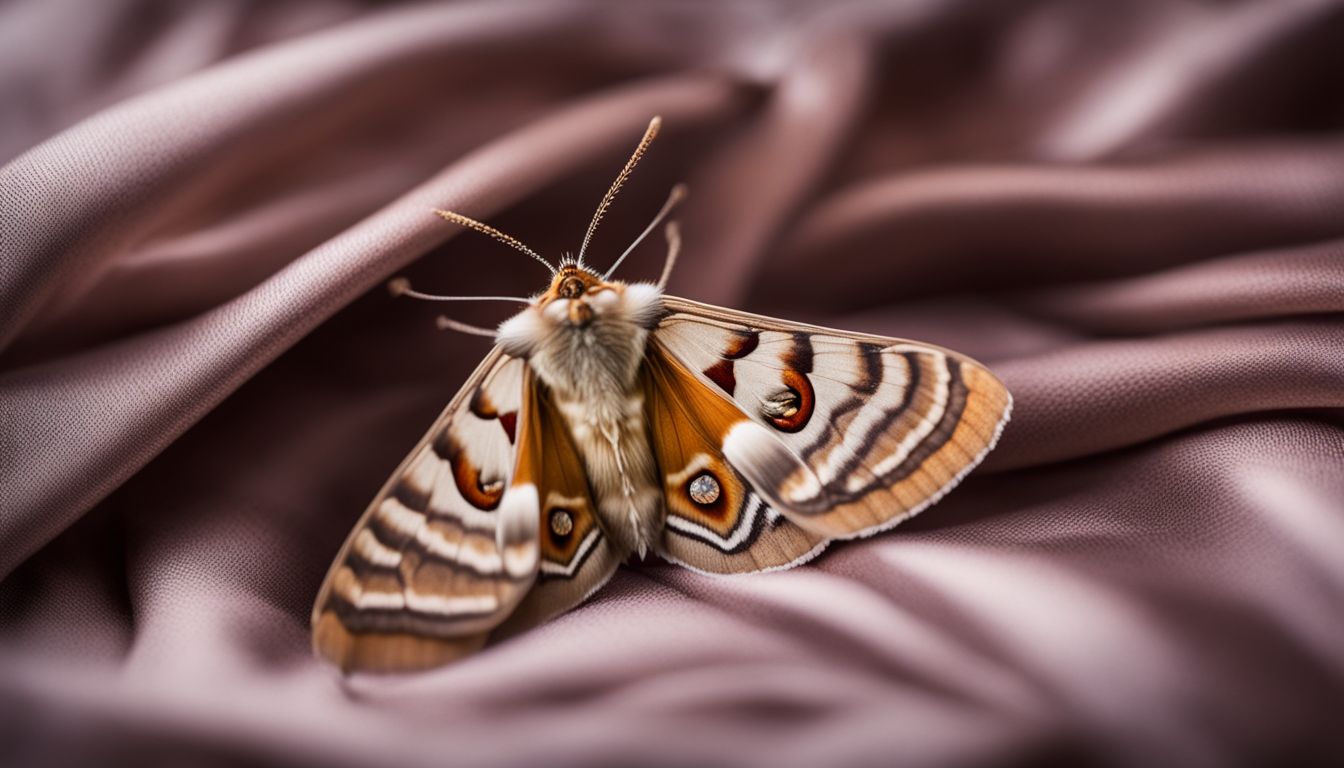 A close-up photo of a silk moth emerging from its cocoon, with soft peace silk fabric surrounding it.