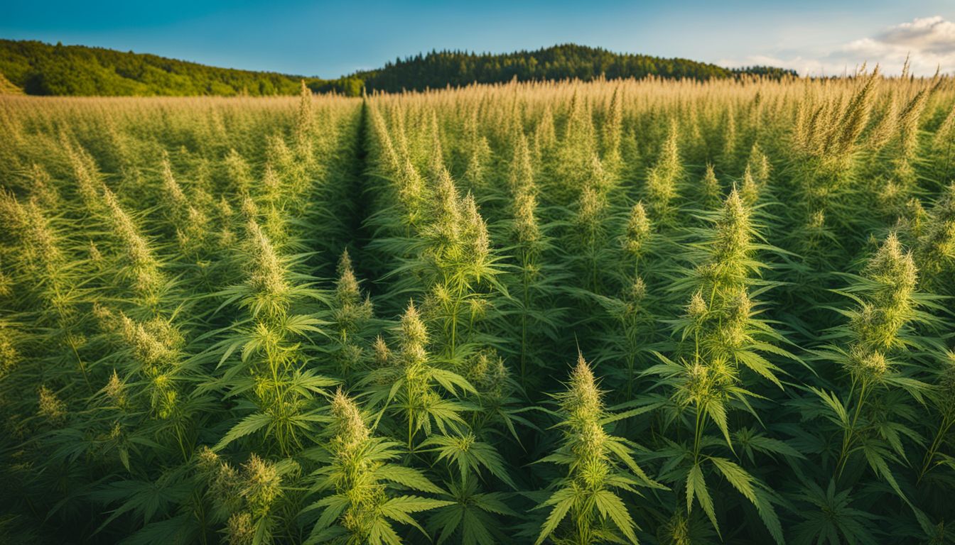 A photo of a diverse group of people in a field of vibrant hemp plants with a clear blue sky.