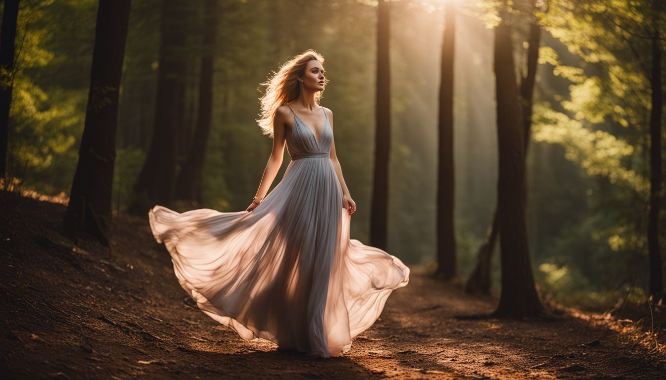 A Caucasian woman in a flowing dress poses in a sunlit forest, showcasing different styles and outfits.