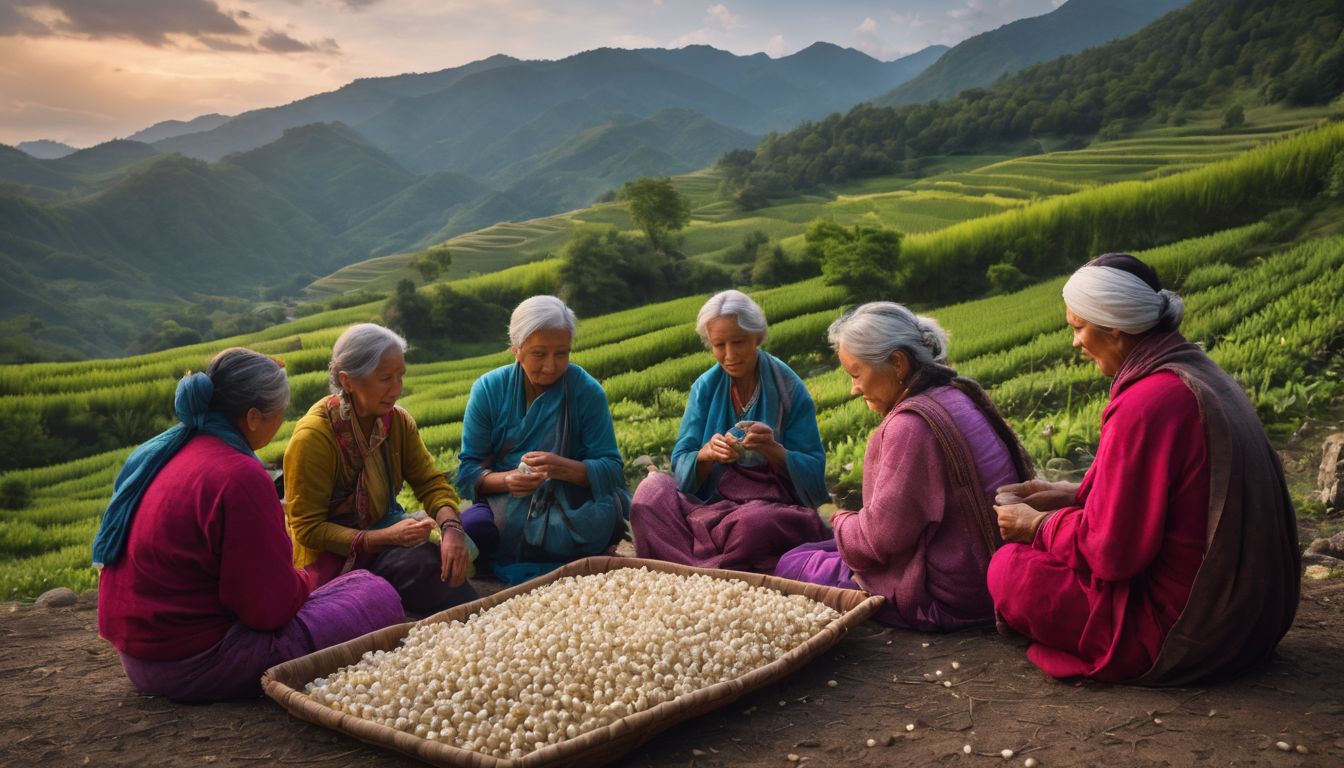 A diverse group of rural artisans peacefully gather silk cocoons in a scenic countryside.