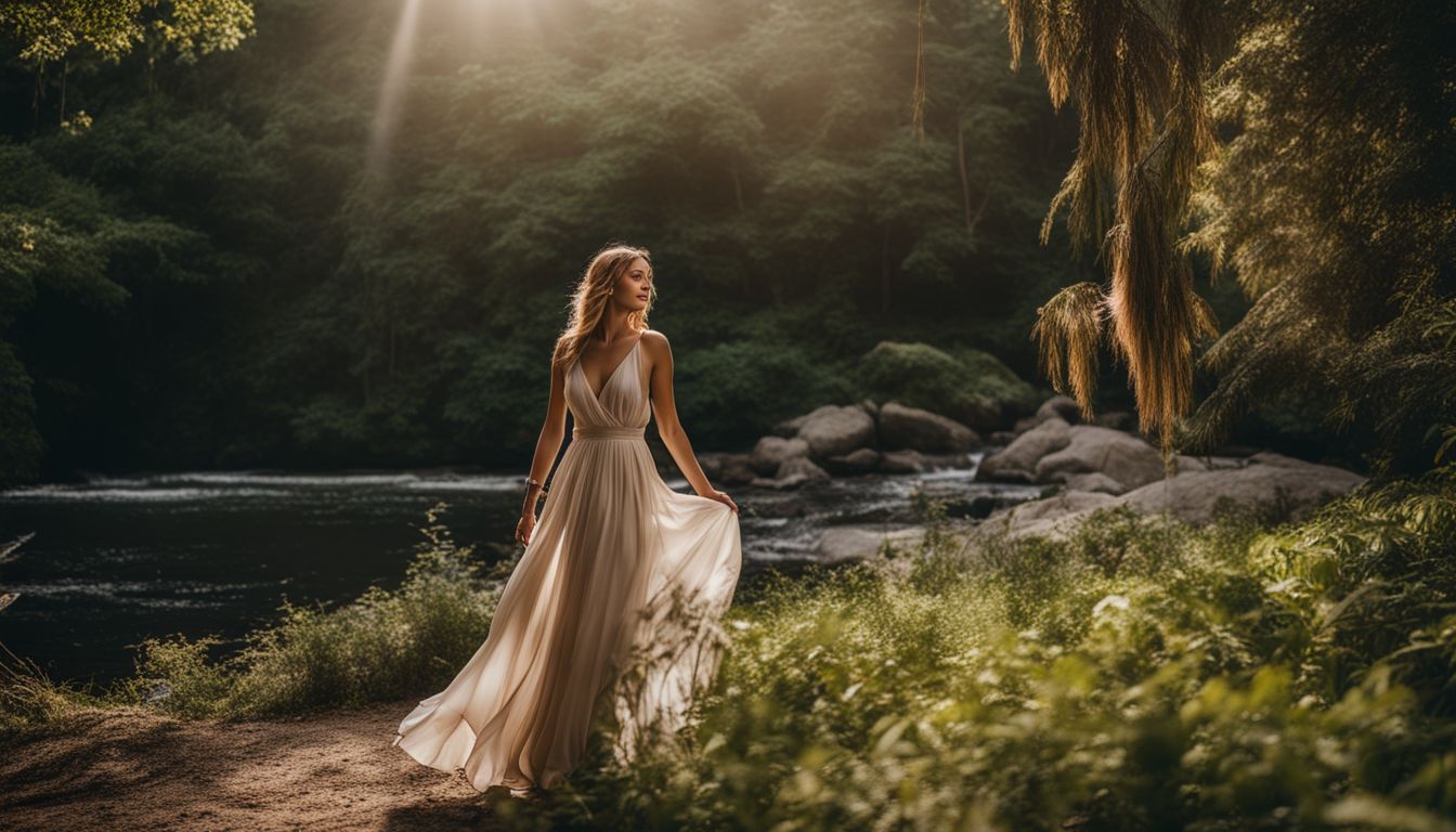 A photo of a woman wearing a flowy dress surrounded by lush greenery in a bustling atmosphere.