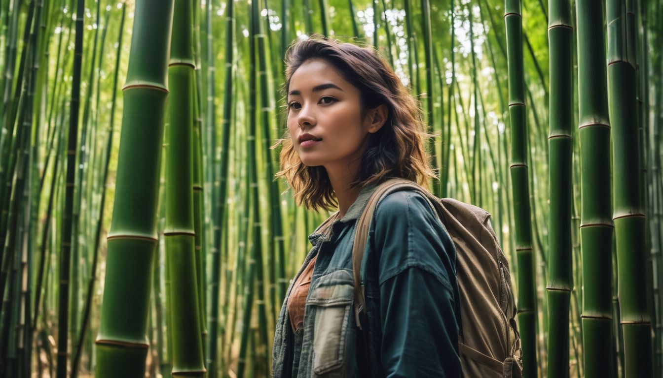 A person wearing sustainable bamboo clothing in a lush bamboo forest, captured in a well-lit and cinematic style.