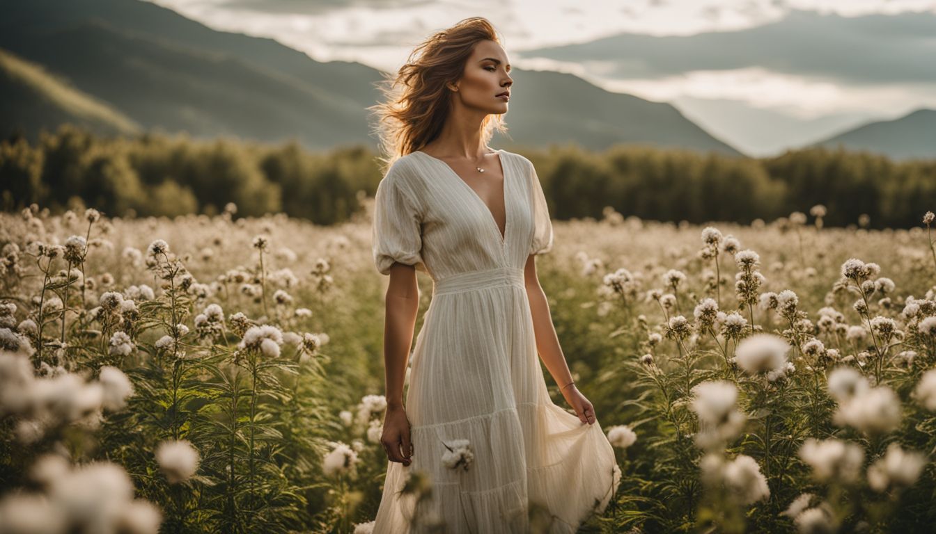 A woman wearing a stylish hemp dress surrounded by blooming organic cotton plants in a vibrant and bustling outdoor setting.