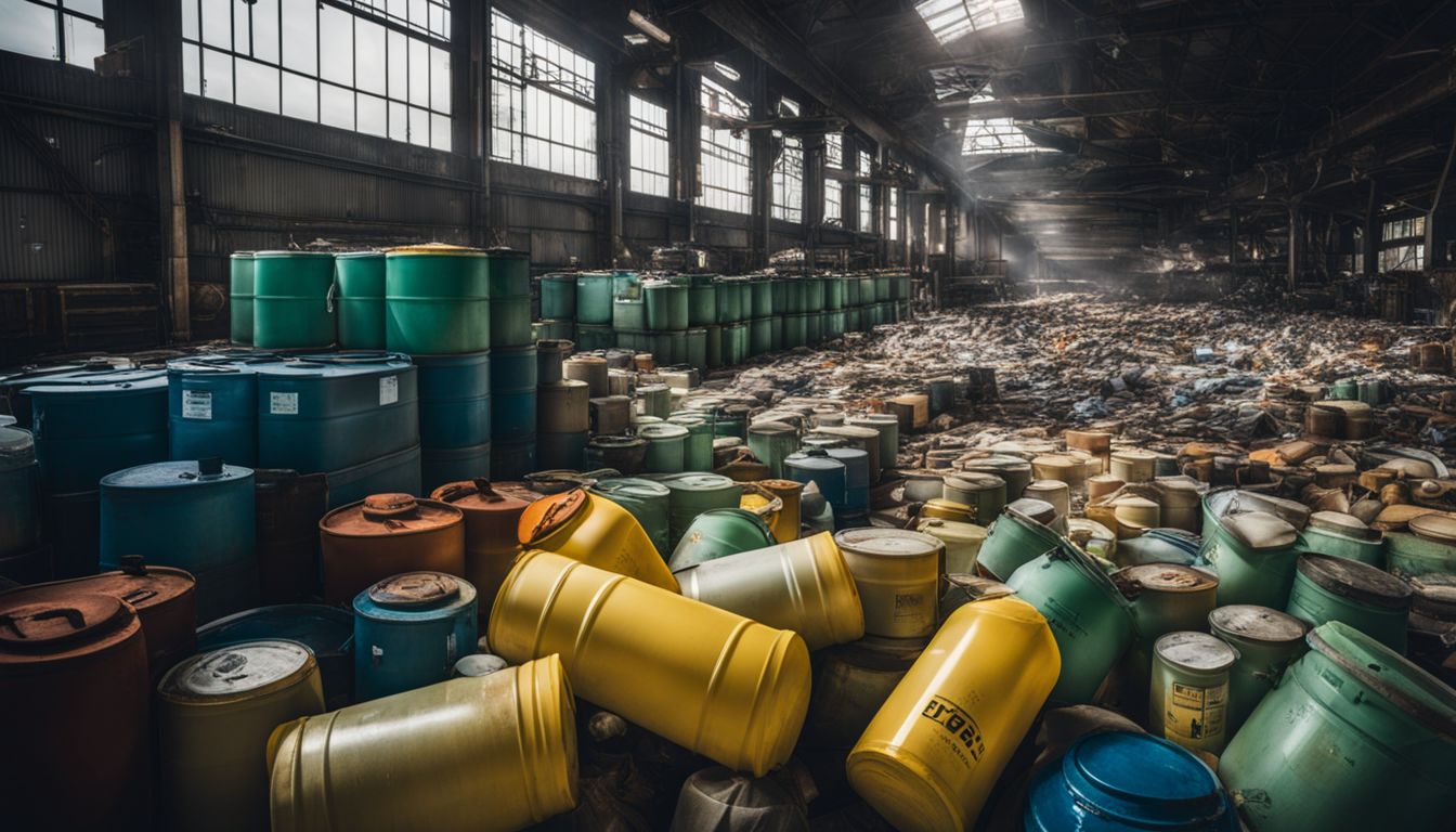 The photo shows a pile of chemical containers in a factory, with people of various appearances and outfits.