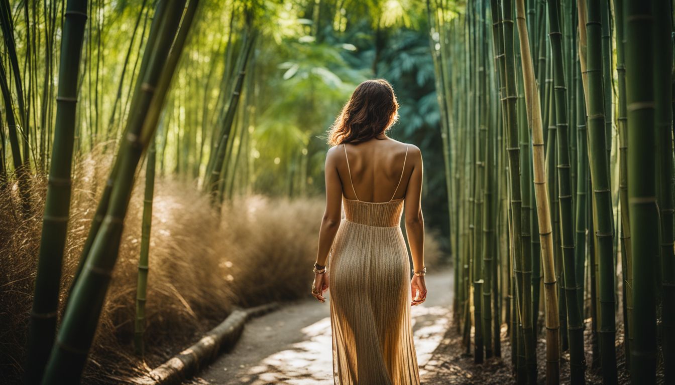 A woman wearing a bamboo dress walks through a bamboo forest in different outfits and hairstyles, captured in high-quality photography.