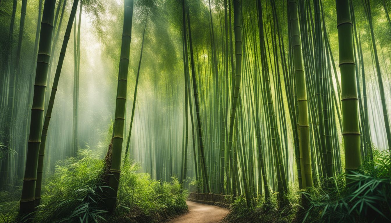 A vibrant photo featuring a bamboo forest with bamboo fabric and people showcasing different styles, outfits, and hair.