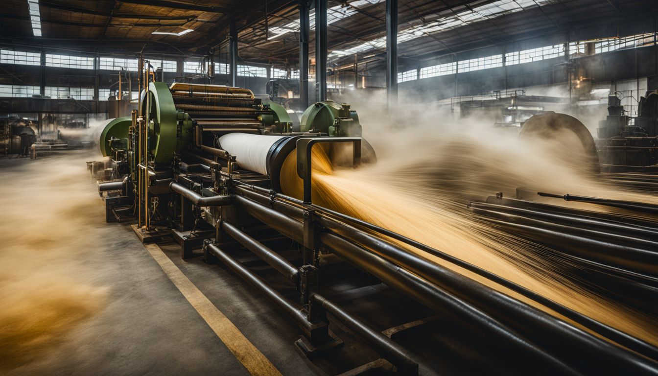 A photo of machines turning bamboo pulp into fibers, showing diverse hair styles and outfits in a bustling textile production setting.