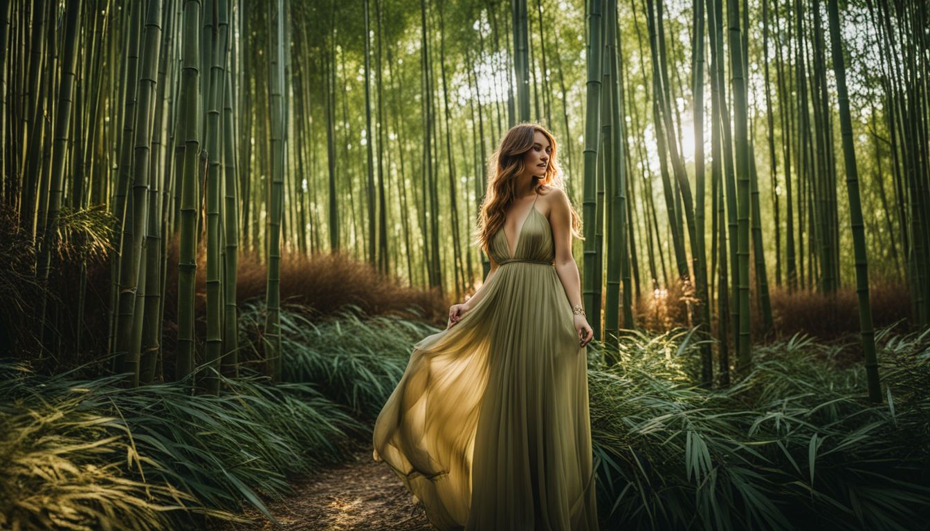 A Caucasian woman wearing a bamboo dress in a bamboo forest, showcasing different faces, hair styles, and outfits.