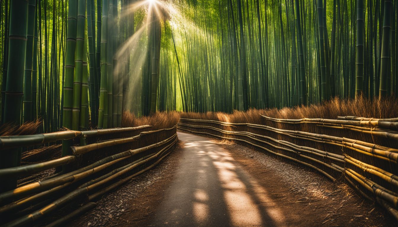 A photo of a bamboo forest with diverse people and a vibrant atmosphere, captured with high-quality cameras.