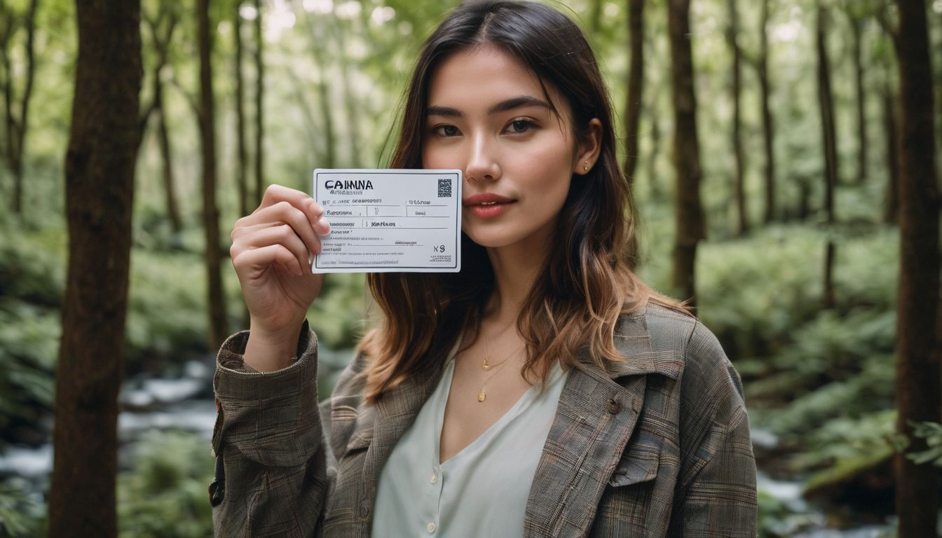 A person holding an eco-friendly clothing certification label surrounded by diverse people and lush greenery.