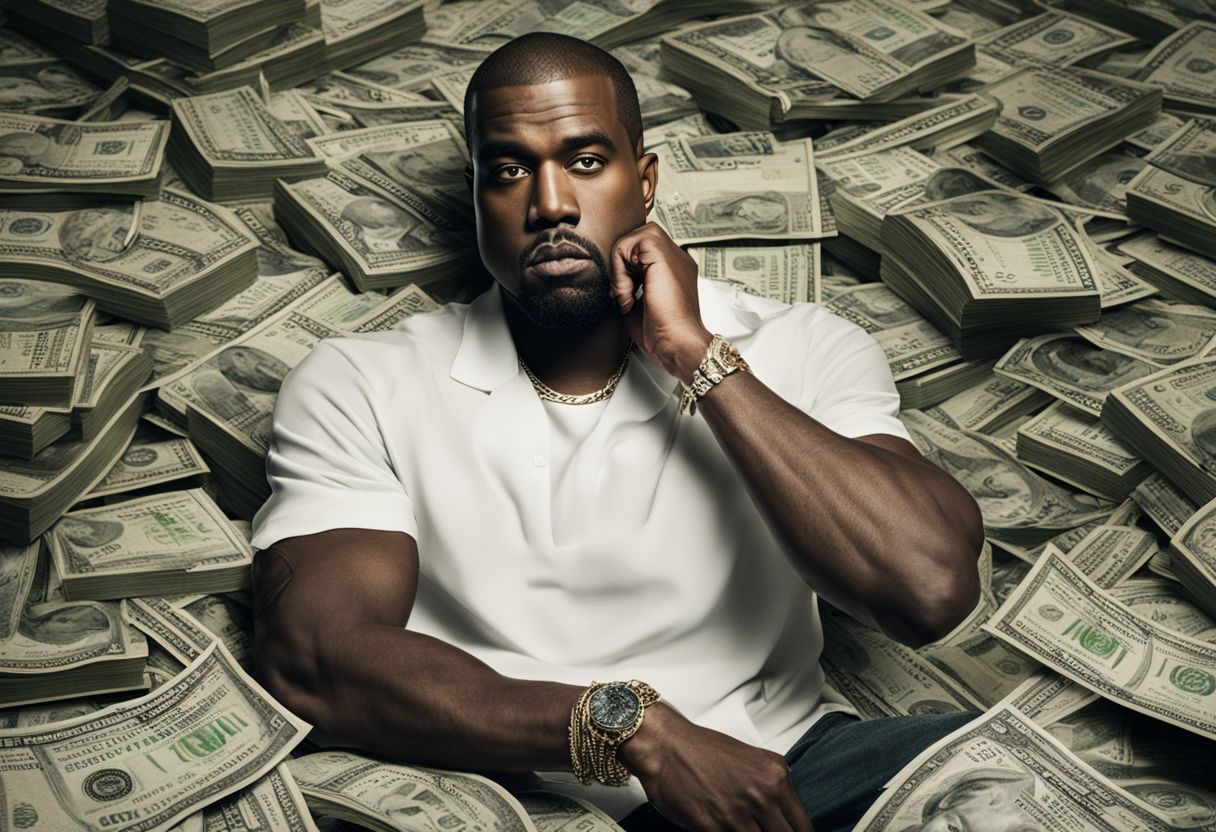 Kanye West portrait surrounded by money, with detailed skin and eyes.