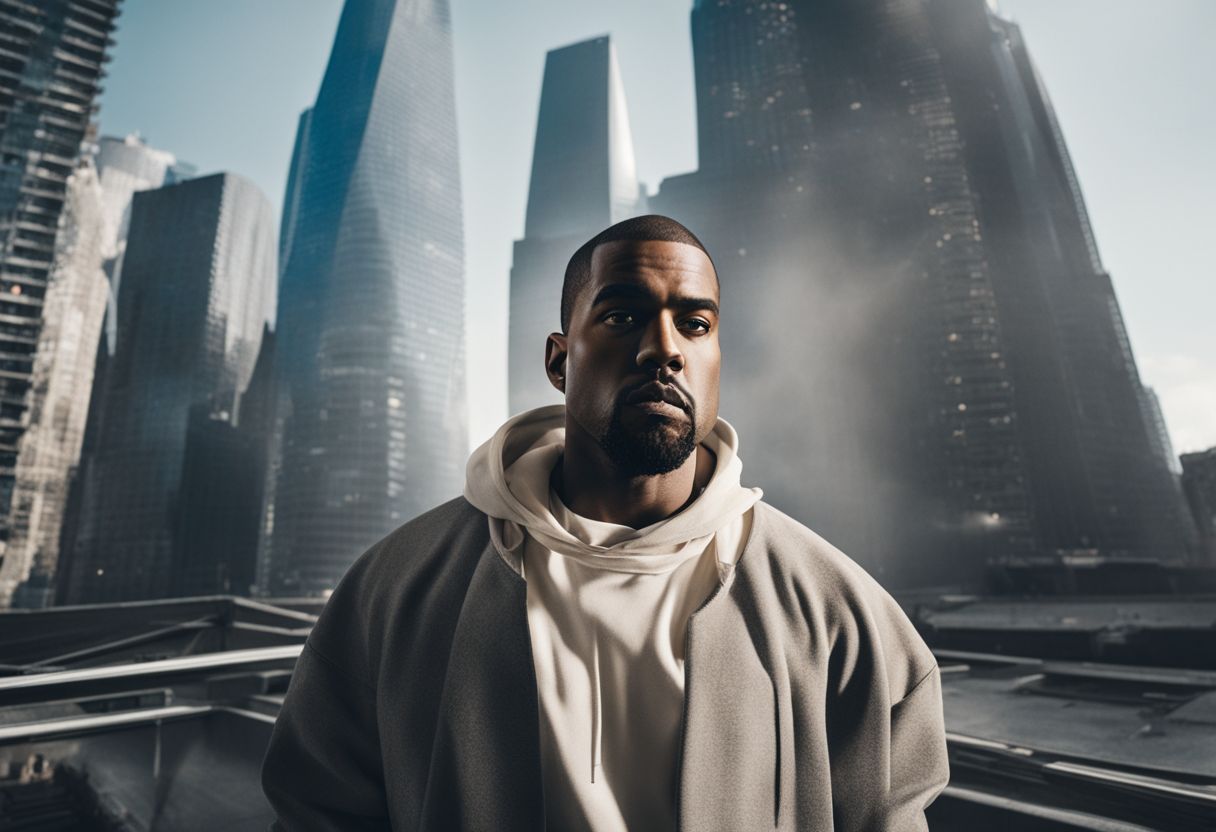 Kanye West in trendy streetwear in a cityscape.