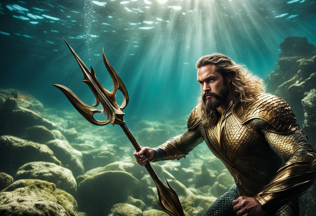 Aquaman underwater with trident, various faces, hair, outfits in detailed scene.
