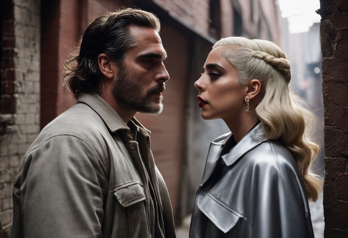Joaquin Phoenix and Lady Gaga in character in city alleyway.