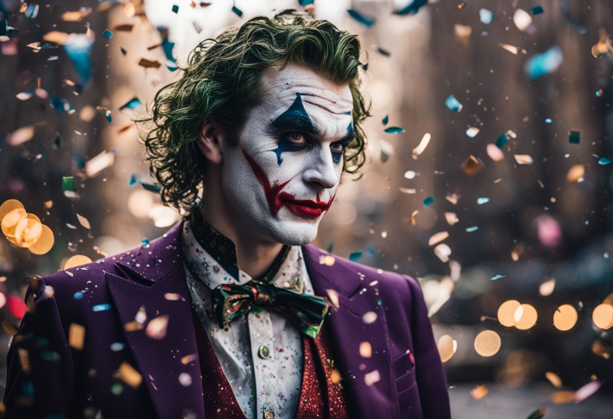 Summary: Vibrant photo of a joker's card surrounded by confetti and cityscape.