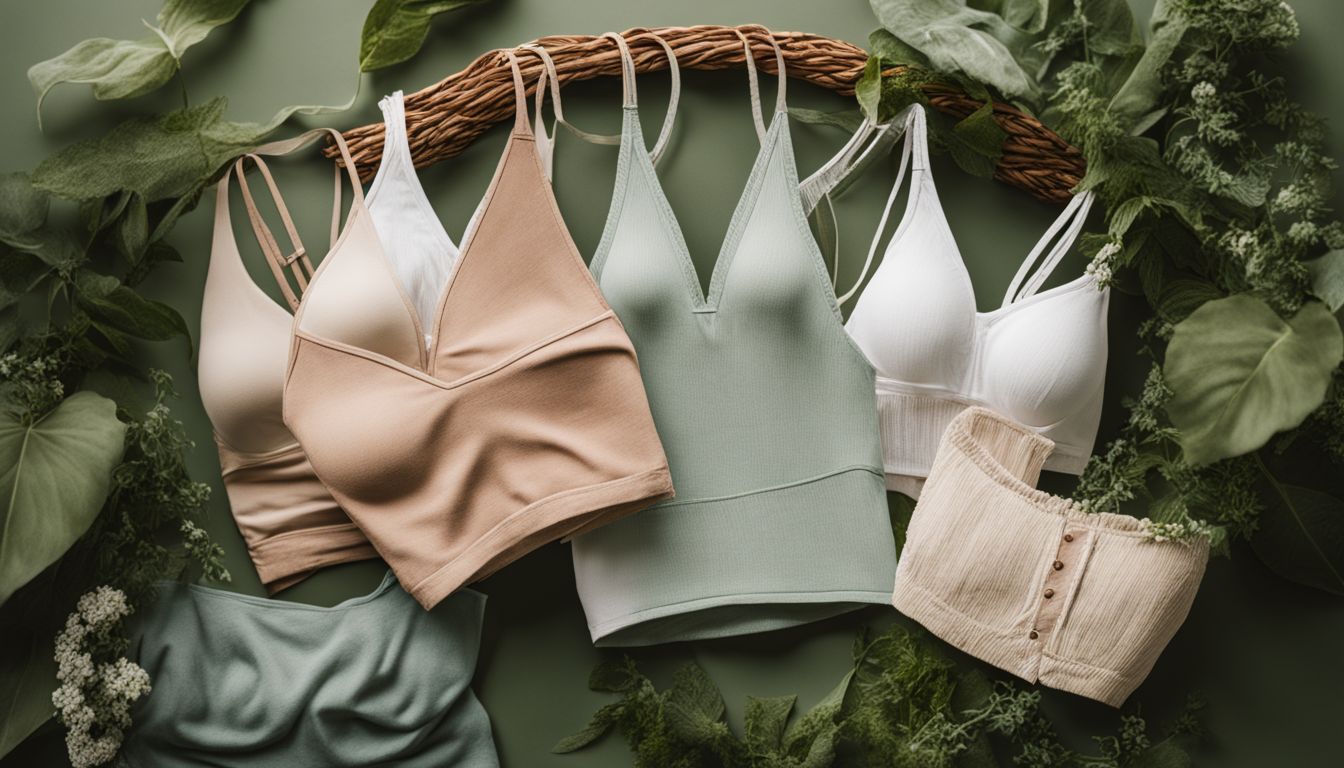 A photo showcasing a stack of organic cotton bralettes with different styles and models surrounded by greenery.