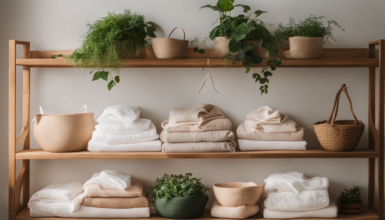A photo of Organic cotton bralettes displayed on a wooden shelf with lush green plants and natural light.