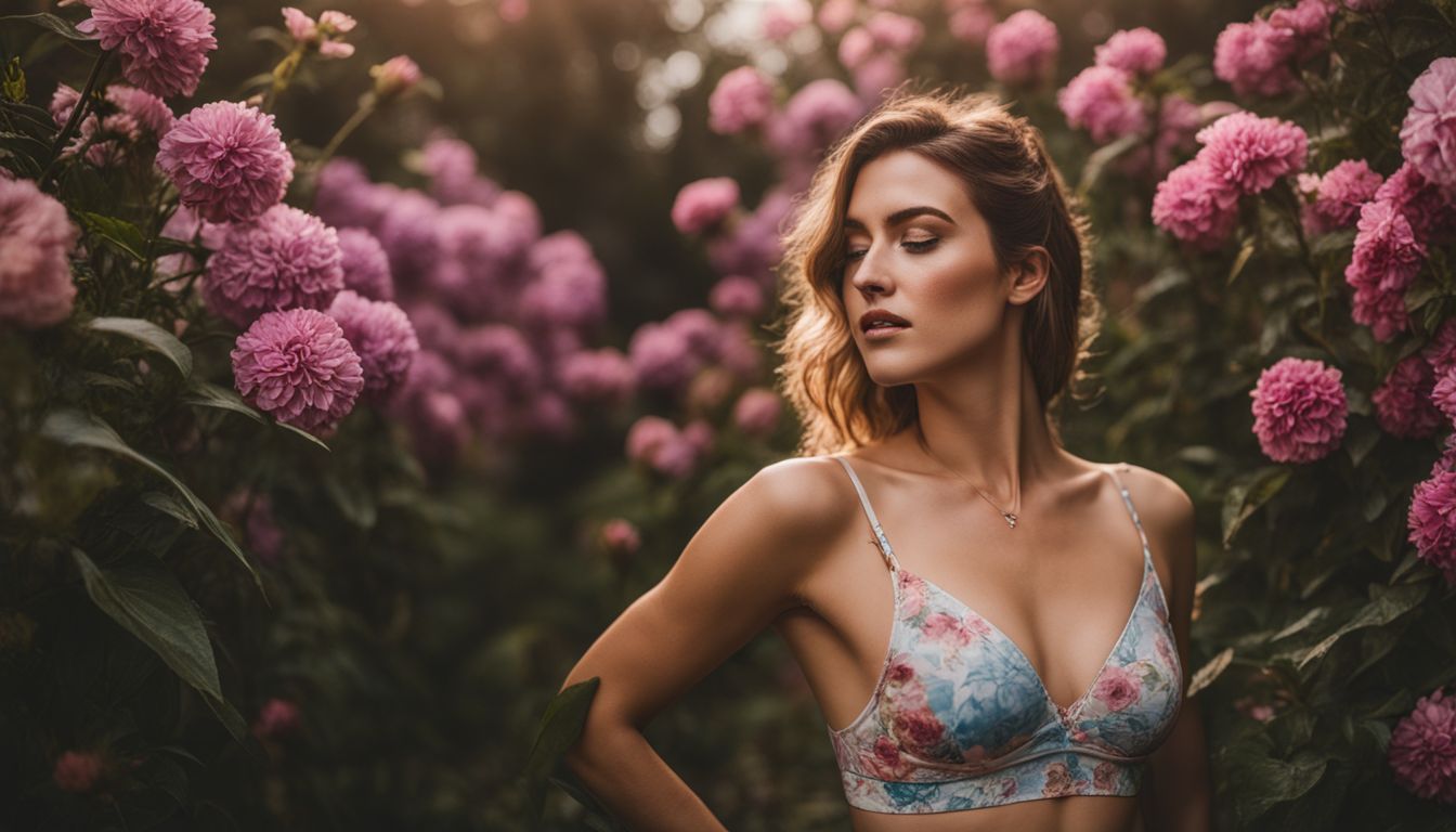 A woman wearing a colorful bralette surrounded by flowers in a vibrant and diverse atmosphere.
