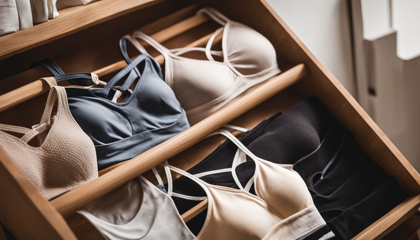 An assortment of organic cotton bralettes in various colors and styles displayed on a wooden shelf.