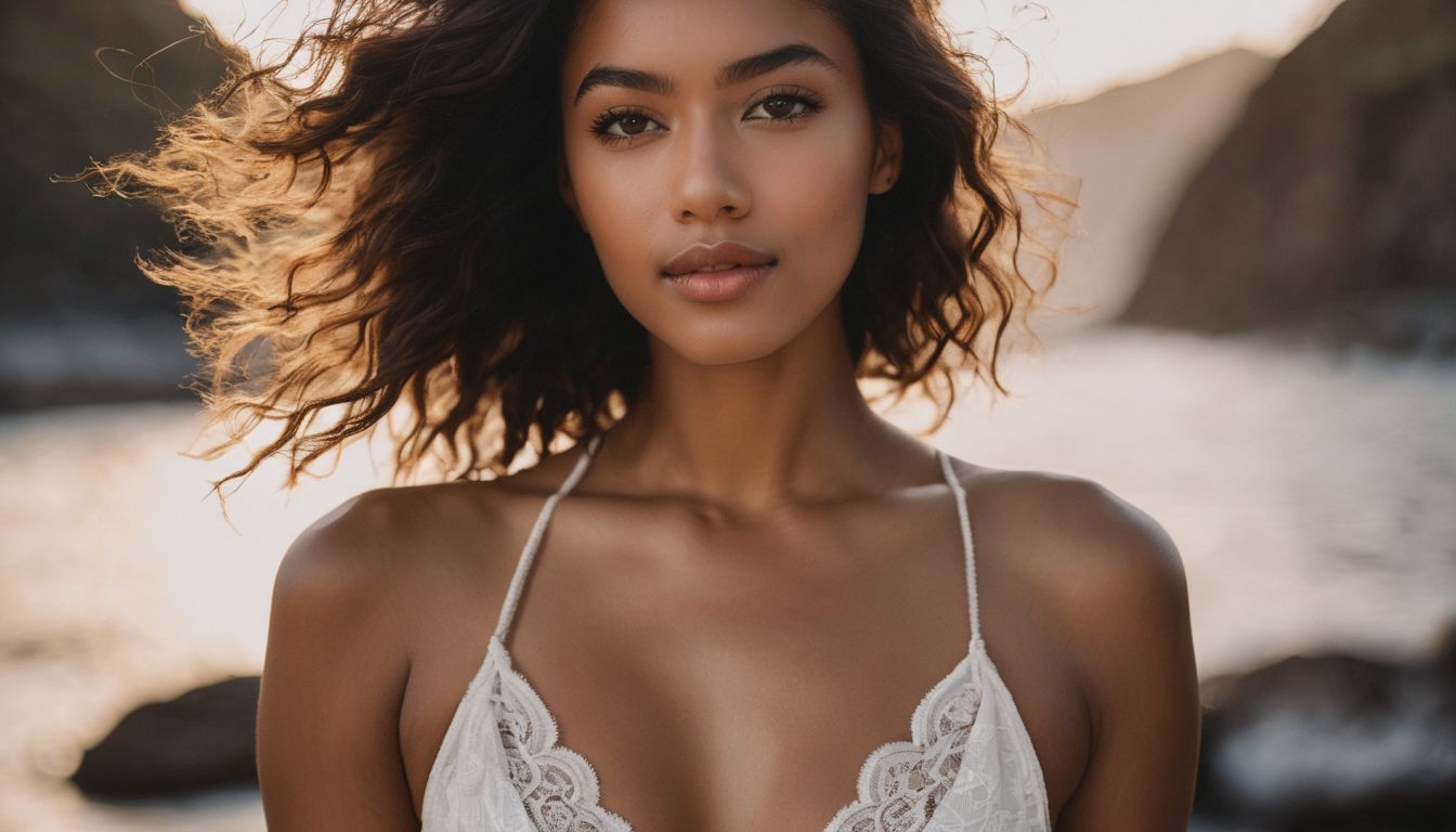 A woman wearing the JulieMay Organic Cotton Bralette showcases various hairstyles, outfits, and facial expressions in a well-lit studio setting.