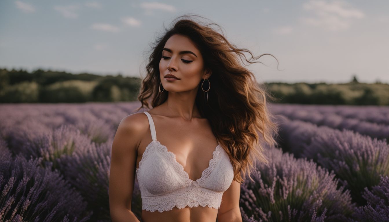 A woman wearing a bralette enjoys a picnic in a lavender field, with various people and scenic views.