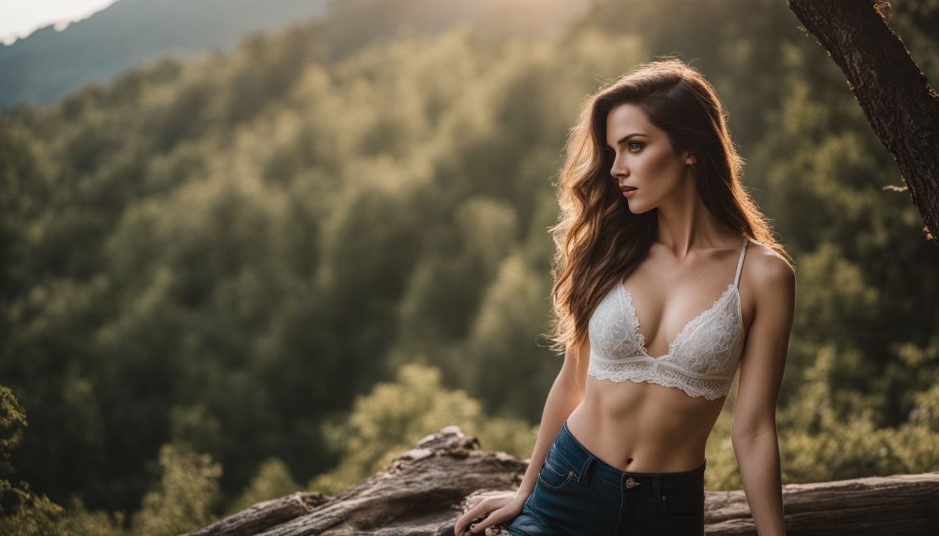 A Caucasian woman wearing a Knickey bralette in a natural setting, with different hair styles and outfits, photographed in high quality.
