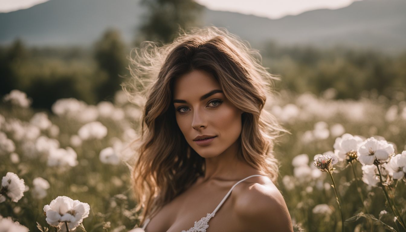 A woman wearing an organic cotton bralette surrounded by flowers in a vibrant outdoor setting.