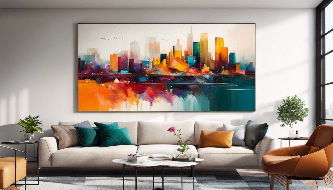 AI-generated abstract artwork with vibrant colors, dynamic shapes, and urban backdrop.