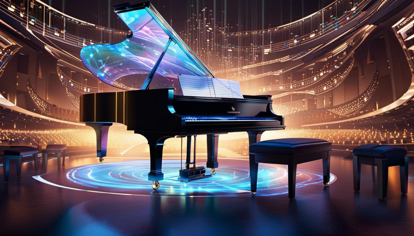 Futuristic fusion of art and technology showcased through grand piano.