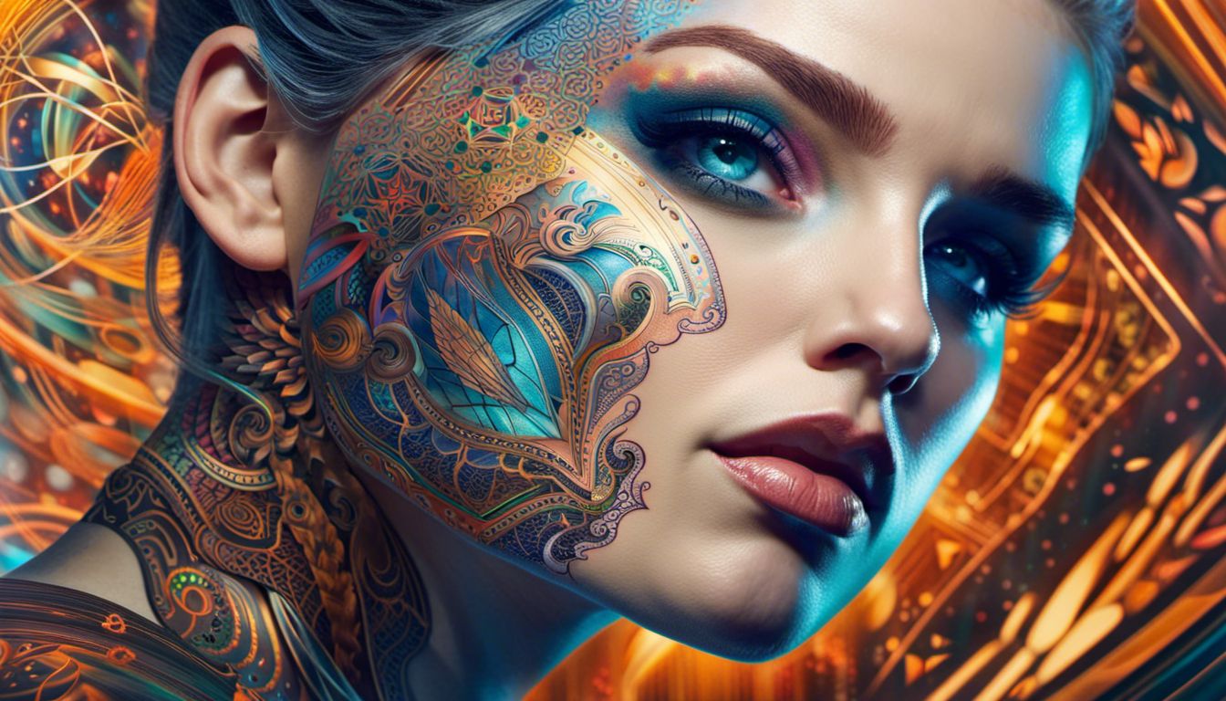A Caucasian person with AI-generated tattoos surrounded by futuristic holographic imagery.