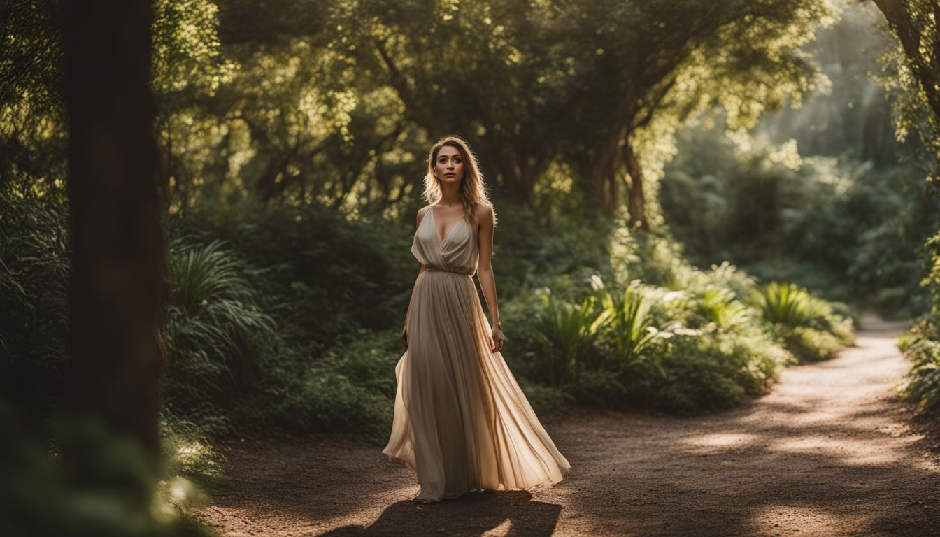 A woman wearing an ethically-made dress is surrounded by lush greenery in a bustling atmosphere.