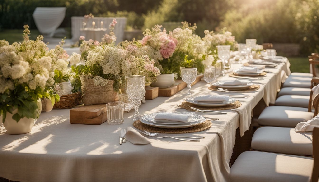 A table setting in a sunny garden with a variety of people, flowers, and outfits.