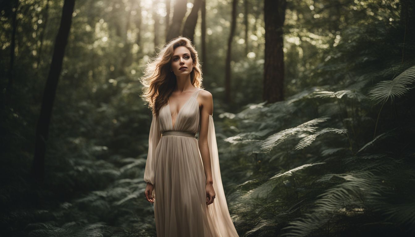 A Caucasian woman in a forest wearing various outfits and hairstyles, captured in high-quality photography for nature and fashion purposes.