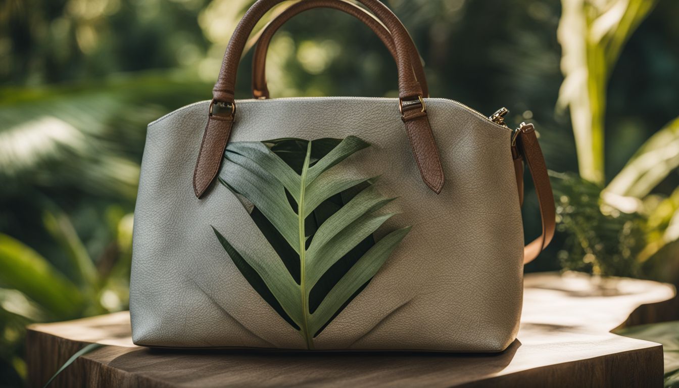 A close-up photo of a stylish Piñatex handbag surrounded by tropical foliage, featuring diverse faces, hair styles, and outfits.