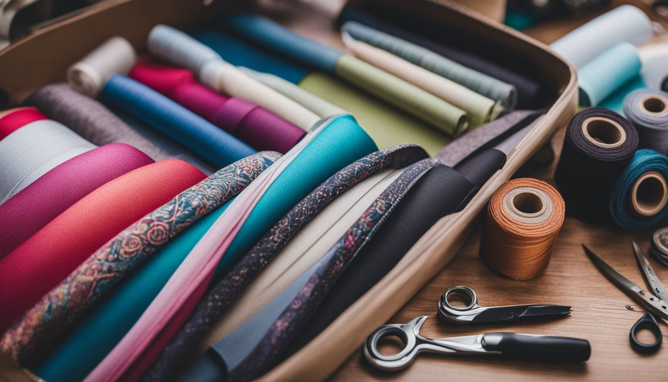 A colorful photo of polyester fabric rolls surrounded by sewing tools and patterns, featuring diverse faces, hair styles, and outfits.