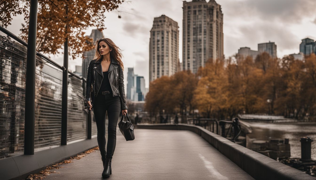 A stylish woman confidently walks in an urban cityscape wearing a vegan leather jacket and boots.