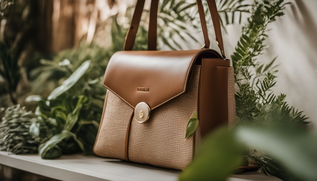 A close-up photo of a biodegradable vegan leather handbag surrounded by sustainable materials and plants.